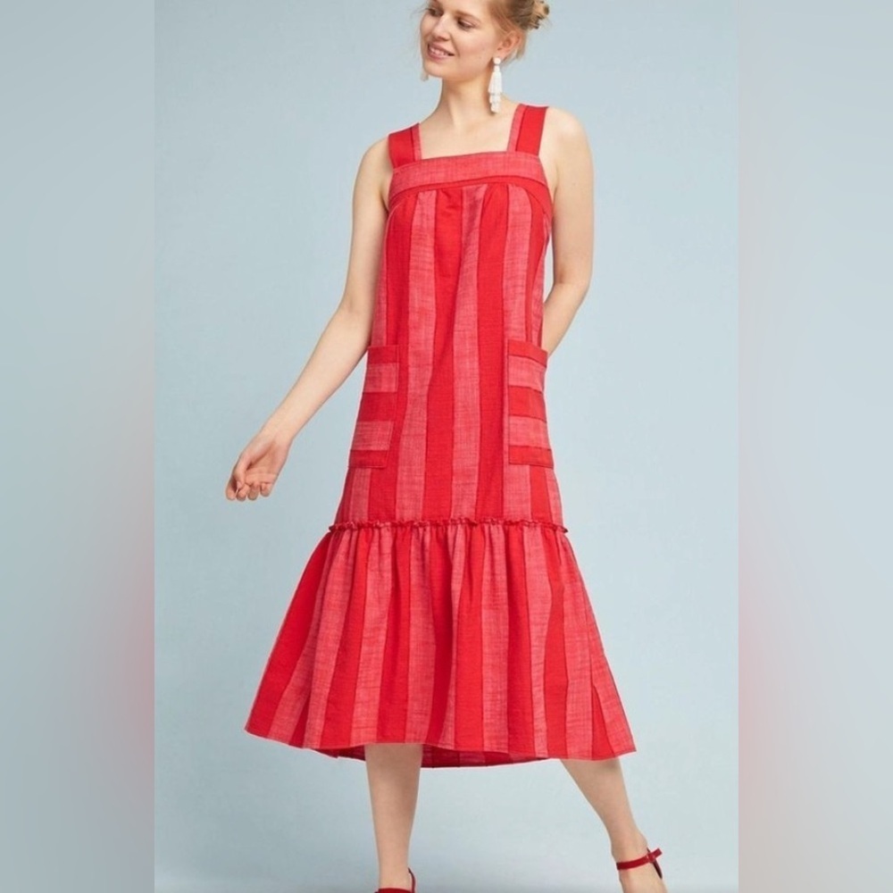 Anthropologie Maeve Women’s Dress Size Large Tonal Stripe Red Midi Paper bag SzS